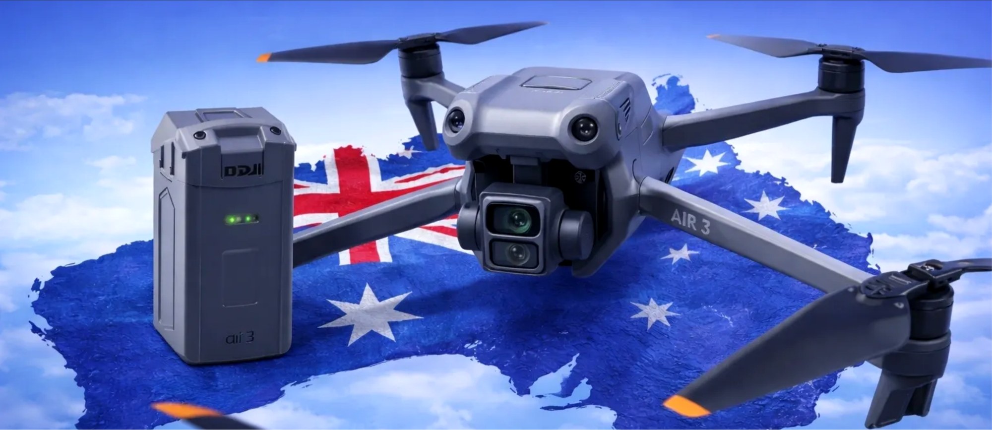 Drone and battery equipment over an Australian graphic